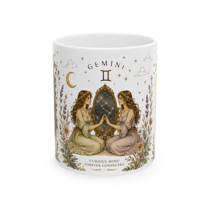 Gemini Zodiac Ceramic Mug – Vintage Botanical Astrology Coffee Cup (11oz)