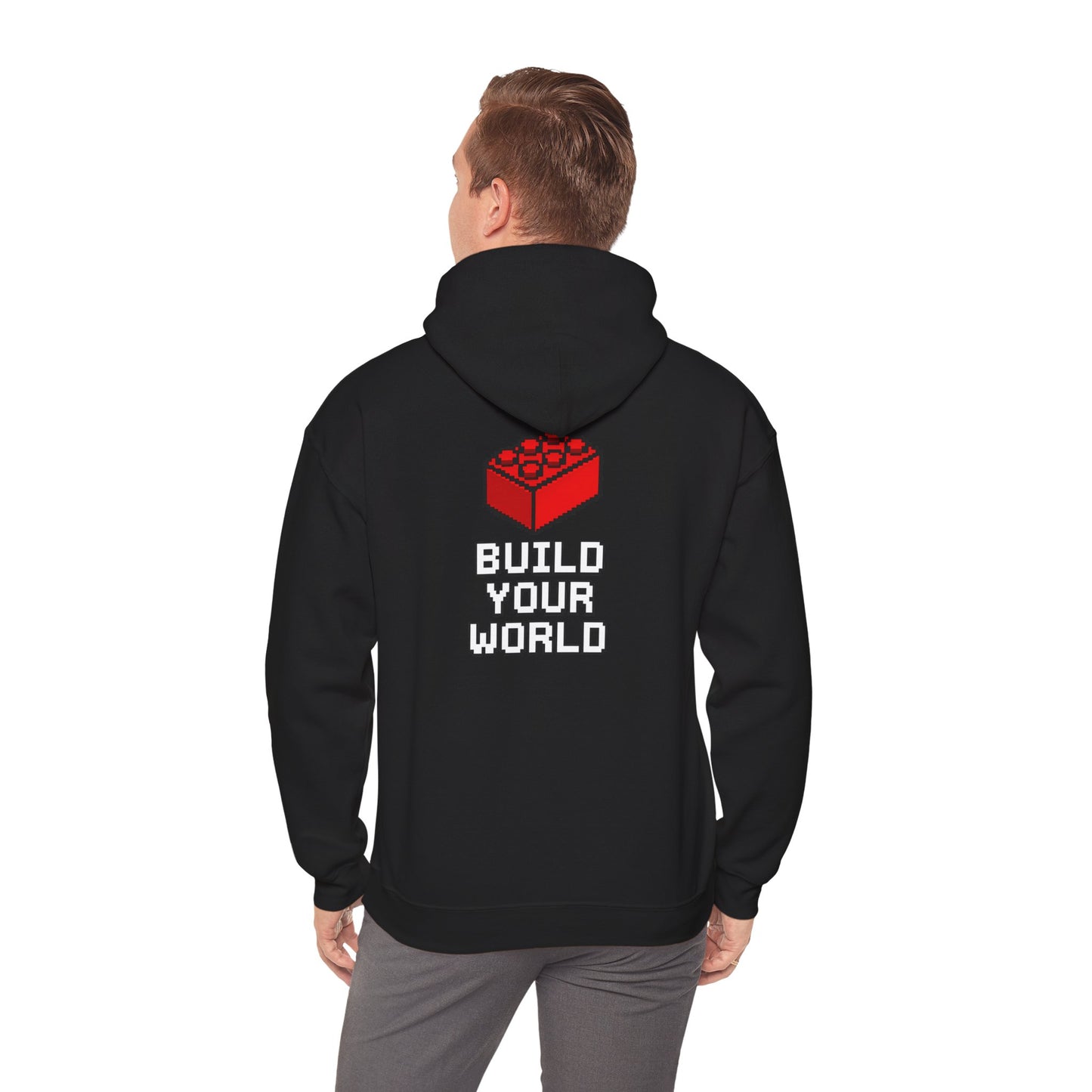 Hoodie — "Build Your World" Pixel Brick Hoodie