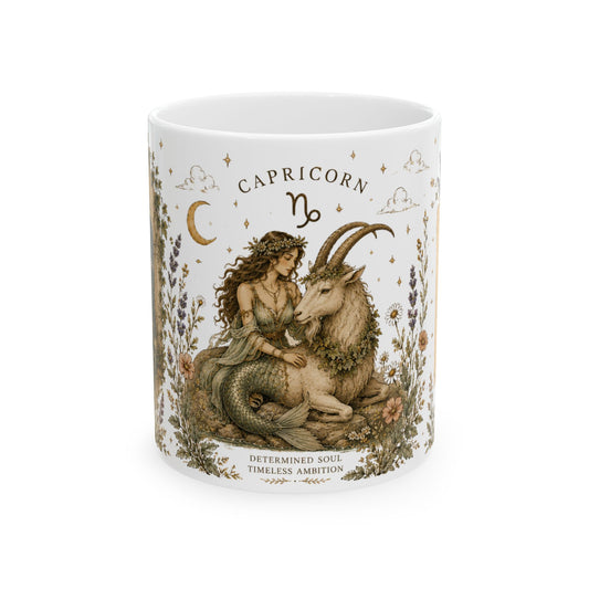 Capricorn Zodiac Ceramic Mug – Vintage Botanical Astrology Coffee Cup (11oz)