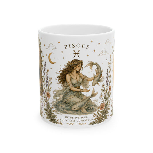 Pisces Zodiac Ceramic Mug – Vintage Botanical Astrology Coffee Cup (11oz)