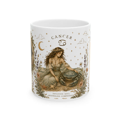 Cancer Zodiac Ceramic Mug – Vintage Botanical Astrology Coffee Cup (11oz)