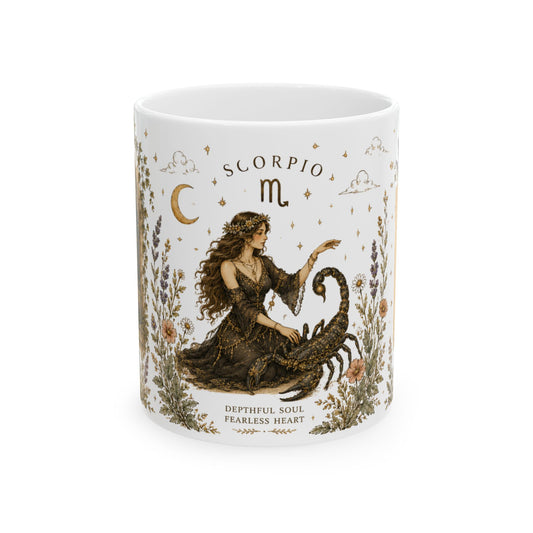 Scorpio Zodiac Ceramic Mug – Vintage Botanical Astrology Coffee Cup (11oz)