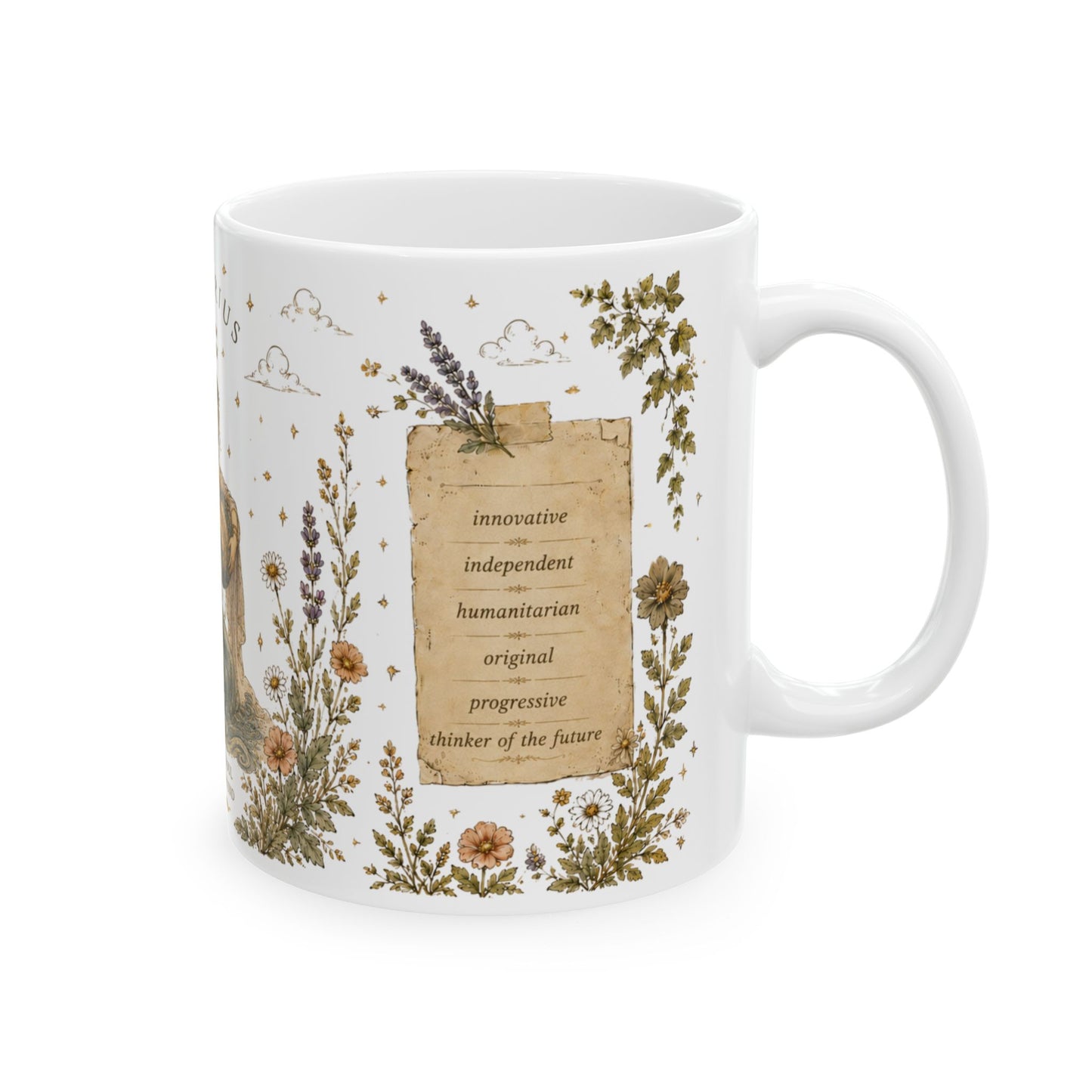 Aquarius Zodiac Ceramic Mug – Vintage Botanical Astrology Coffee Cup (11oz)