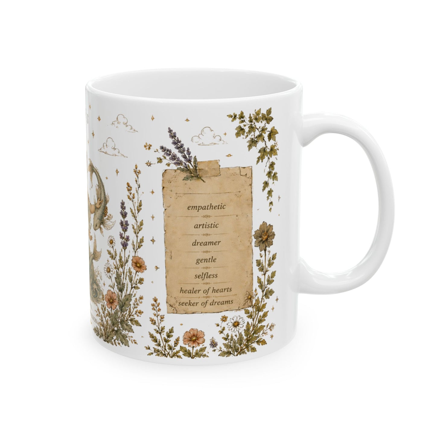 Pisces Zodiac Ceramic Mug – Vintage Botanical Astrology Coffee Cup (11oz)