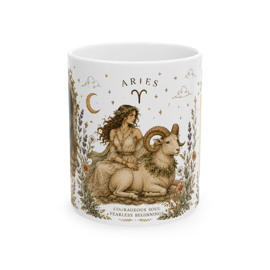 Aries Zodiac Ceramic Mug – Vintage Botanical Astrology Coffee Cup (11oz)