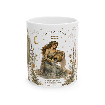 Aquarius Zodiac Ceramic Mug – Vintage Botanical Astrology Coffee Cup (11oz)