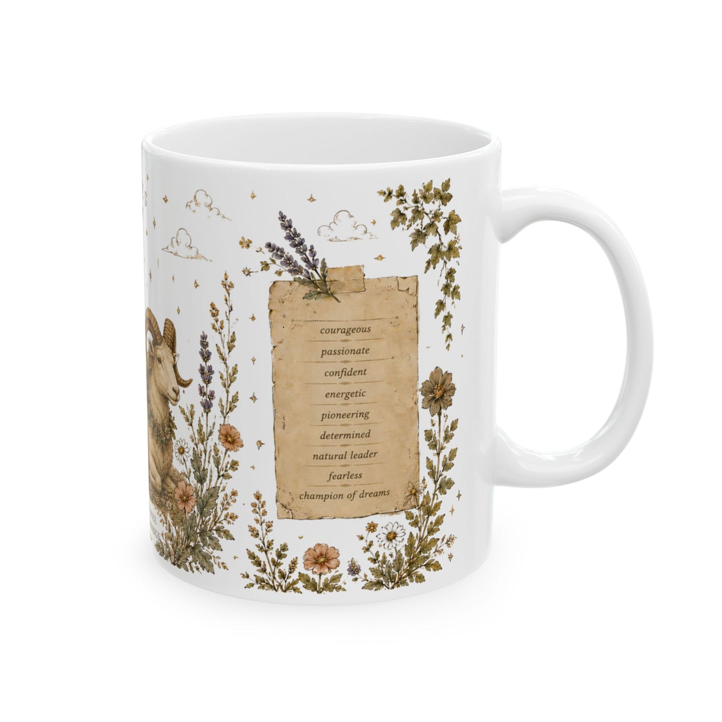 Aries Zodiac Ceramic Mug – Vintage Botanical Astrology Coffee Cup (11oz)
